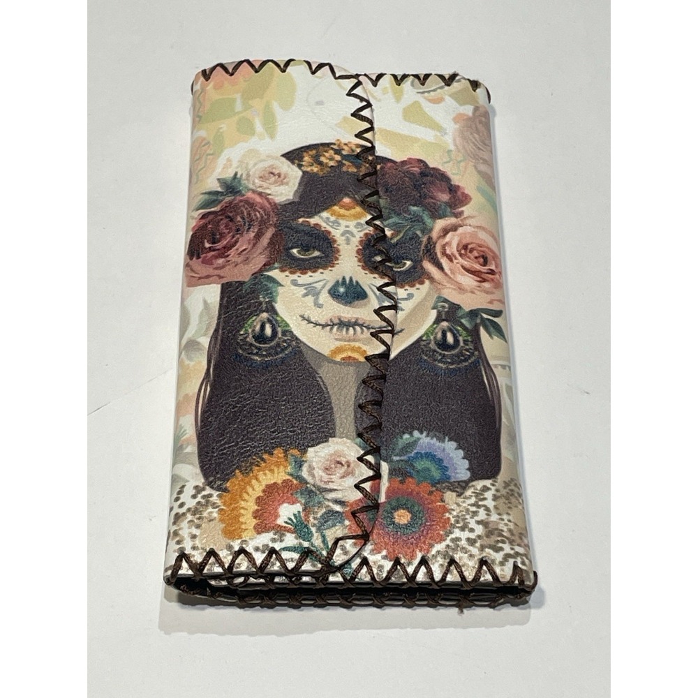 Day of the Dead Sugar Skull Long Wallet Catrina Floral Whipstitch Snap Clutch